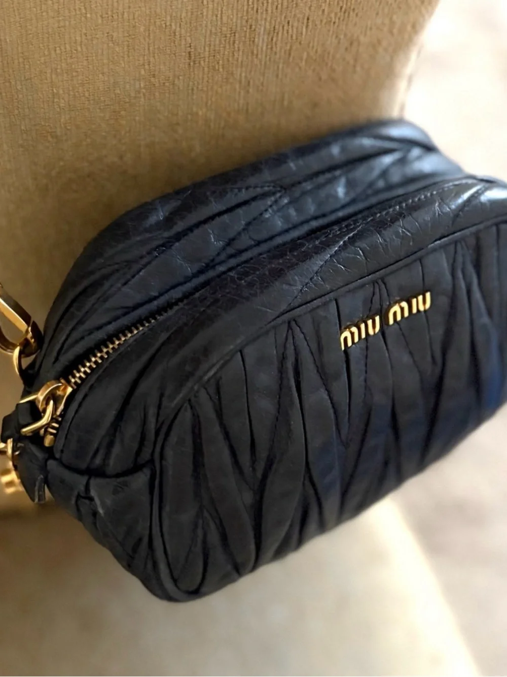 Miu Miu Quilted Navy Leather Crossbody with Gold Hardware